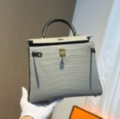 wholesale quality hermes kelly 28 bicolor pearl grey noir matte crocodile ghw